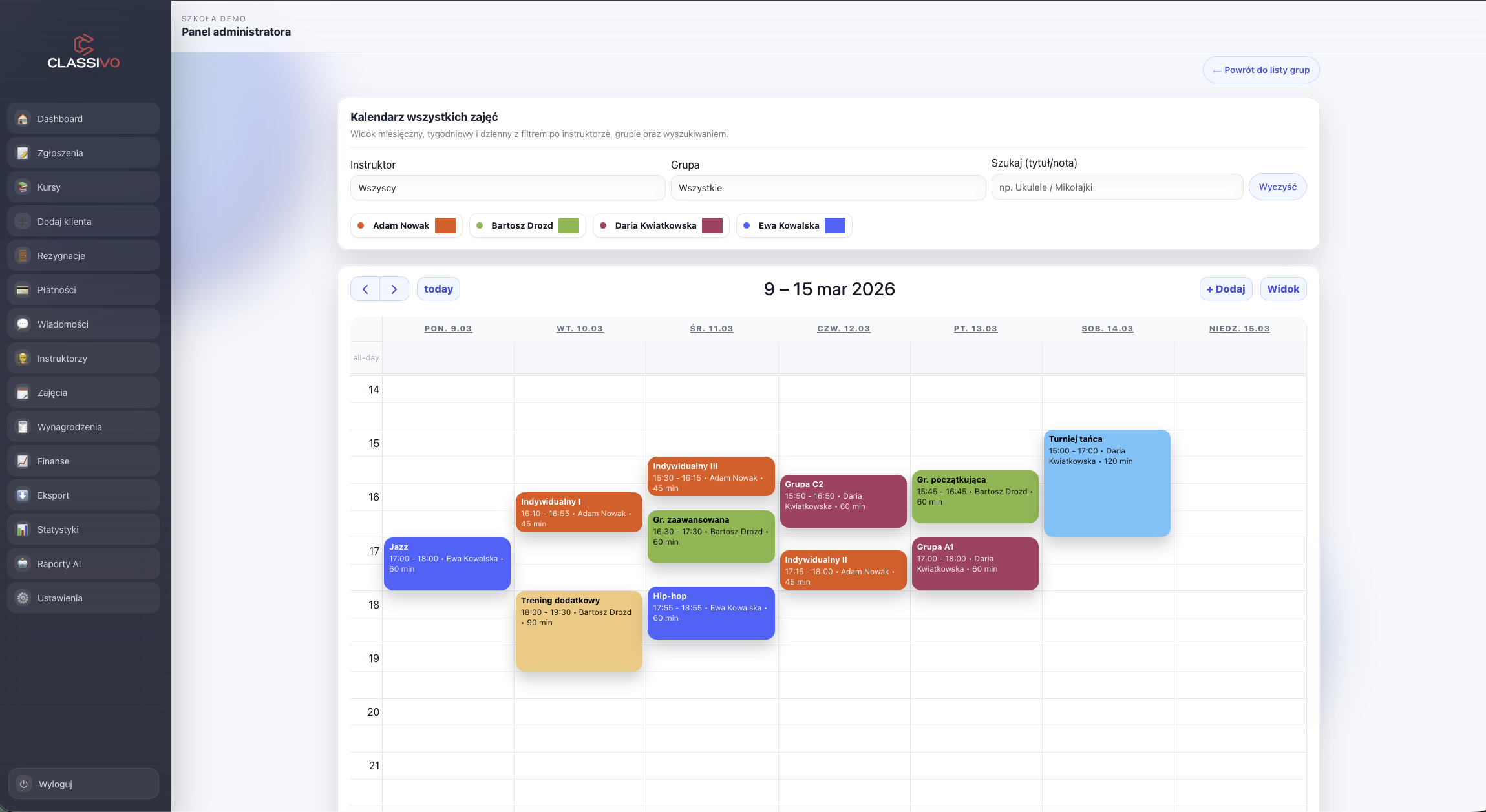 Kalendarz zajęć i grafik w systemie Tuntievo