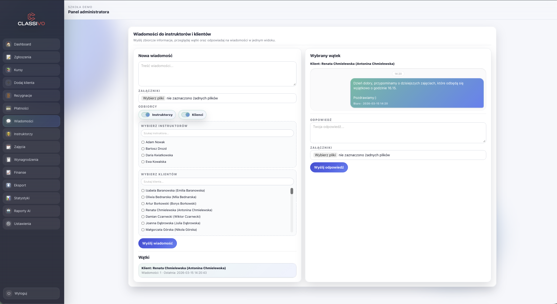Moduł wiadomości w systemie Tuntievo
